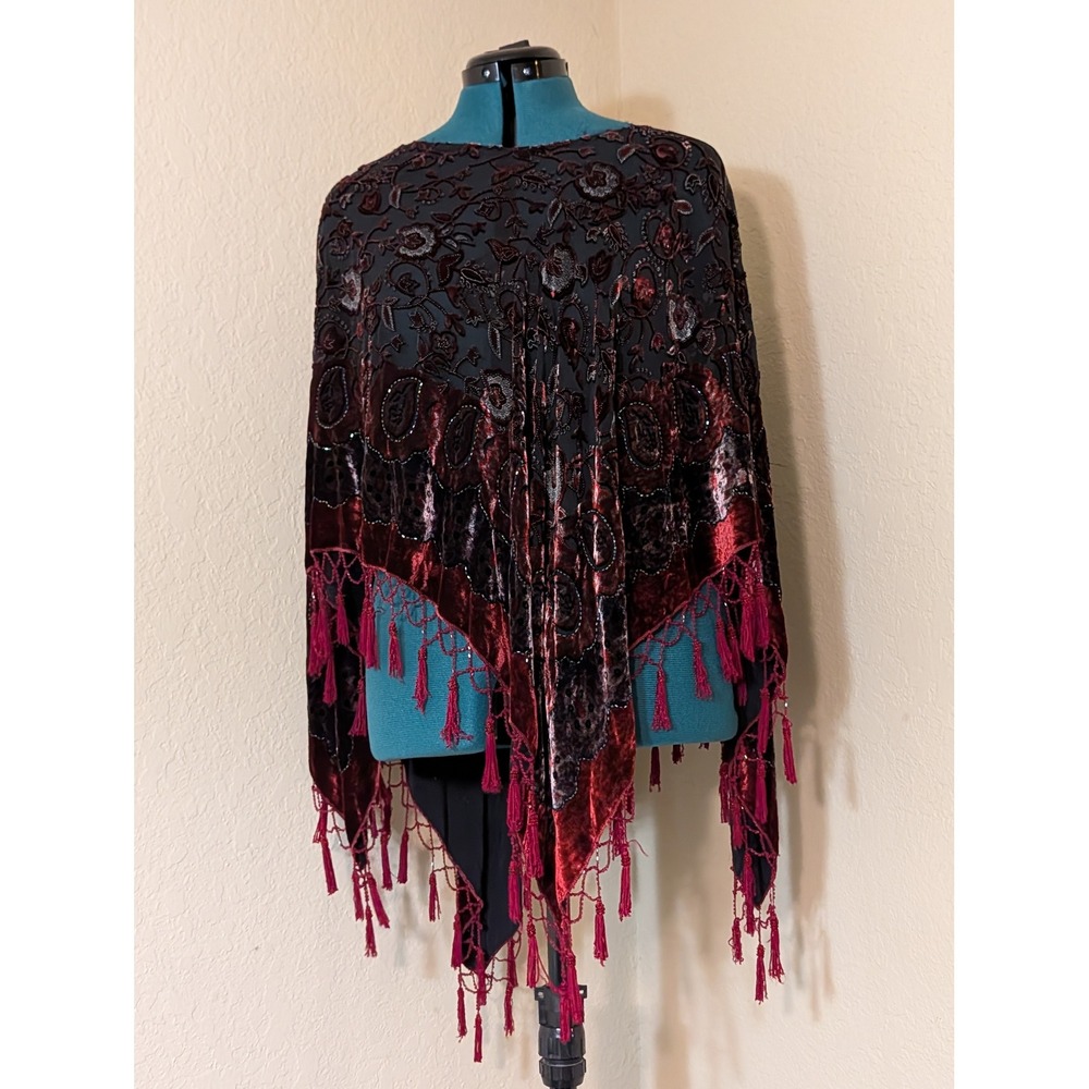 Vintage Style Velvet Burnout Beaded Tassel Poncho Wrap Burgundy Black Floral OS